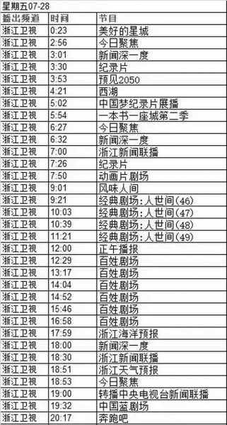 浙江卫视播出节目表，浙江卫视节目时刻表