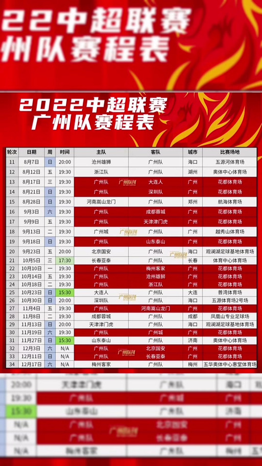 广州恒大赛程，广州恒大比赛结果