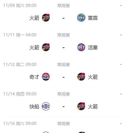火箭队赛程表2020年，火箭队比赛日程